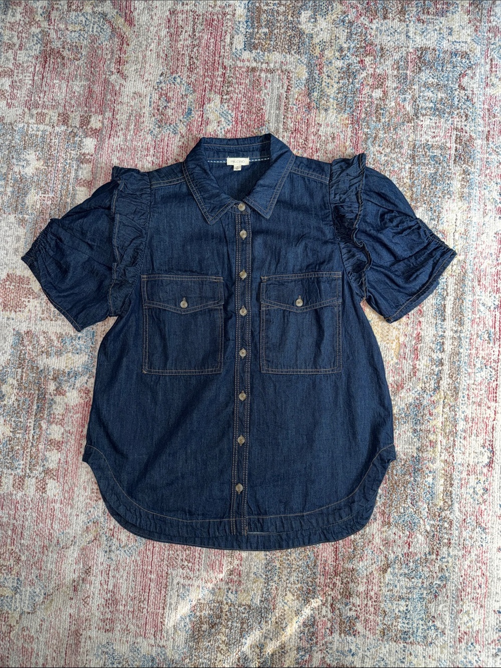 Pilcro Dark Blue Denim Button-Front Shirt with Ruffle Sleeves